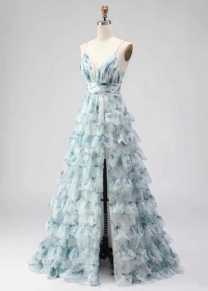 Sia Ruffle Blue Floral Dress Prom | A - Line Spaghetti Strap V - Neck Slit Formal Dress - Blue Floral - PromDressClub