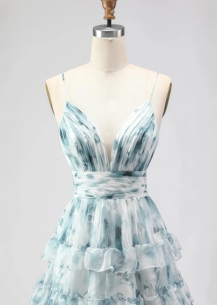 Sia Ruffle Blue Floral Dress Prom | A - Line Spaghetti Strap V - Neck Slit Formal Dress - Blue Floral - PromDressClub