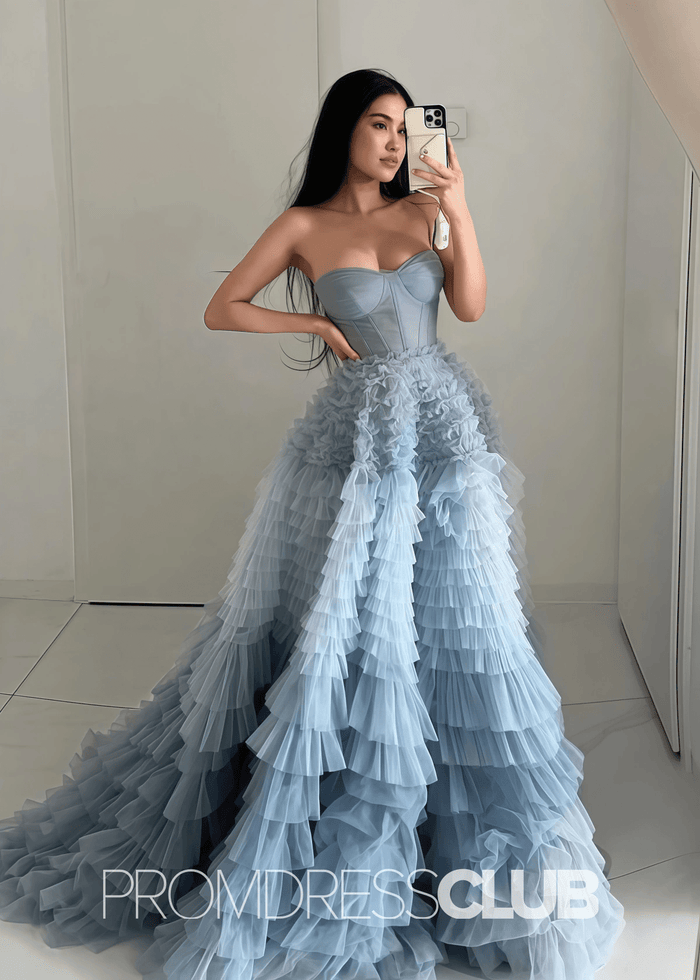 Sigrid |Grey Tulle Long Prom Dresses With A Line Sweetheart Tiered Ruffled - Price #price_variant_lowest# - Grey - PromDressClub