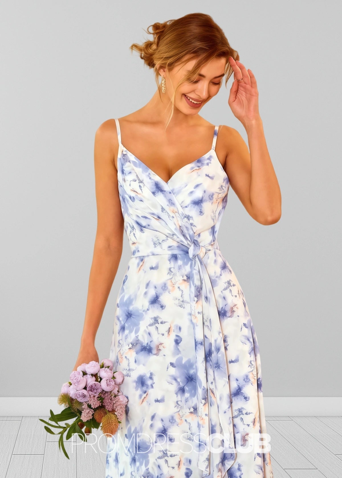Sigrid | White Blue Floral Print Spaghetti Straps Chiffon Long Bridesmaid Dress - Price #price_variant_lowest# - Blue Floral - PromDressClub