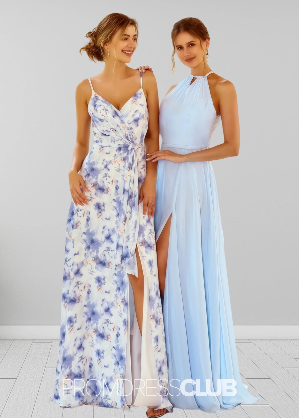 Sigrid | White Blue Floral Print Spaghetti Straps Chiffon Long Bridesmaid Dress - Price #price_variant_lowest# - Blue Floral - PromDressClub