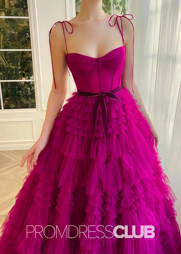 Simona |Fuchsia Tulle Long Formal Dresses With A Line Strapless Tiered Ruffled - Price #price_variant_lowest# - Fuchsia - PromDressClub