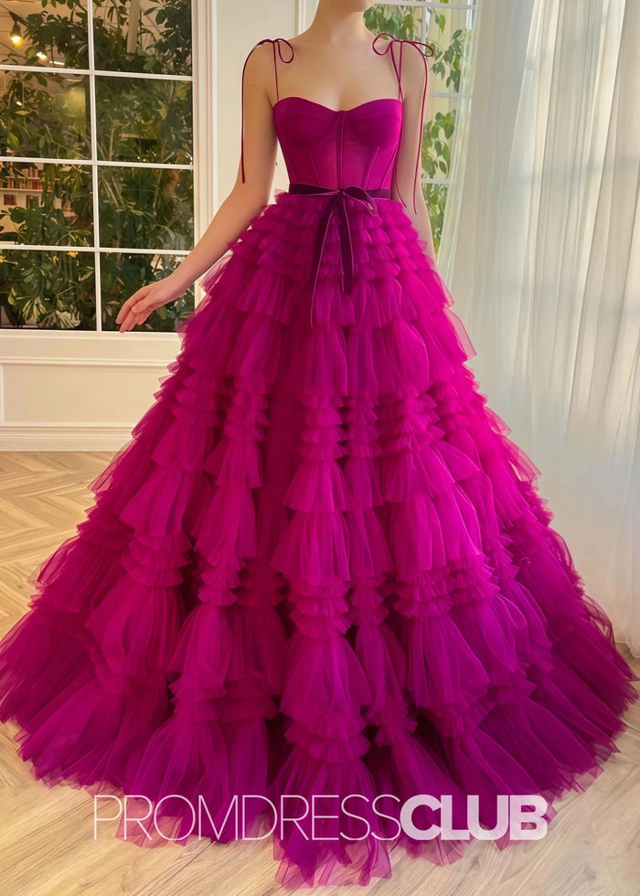 Simona |Fuchsia Tulle Long Formal Dresses With A Line Strapless Tiered Ruffled - Price #price_variant_lowest# - Fuchsia - PromDressClub