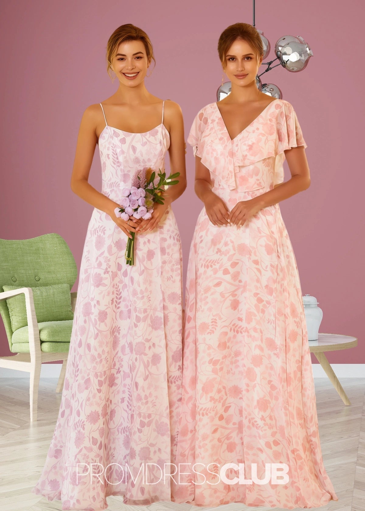 Simona | White Light Purple Floral Print Chiffon Long Bridesmaid Dress with Slit - Price #price_variant_lowest# - Light Purple Floral - PromDressClub