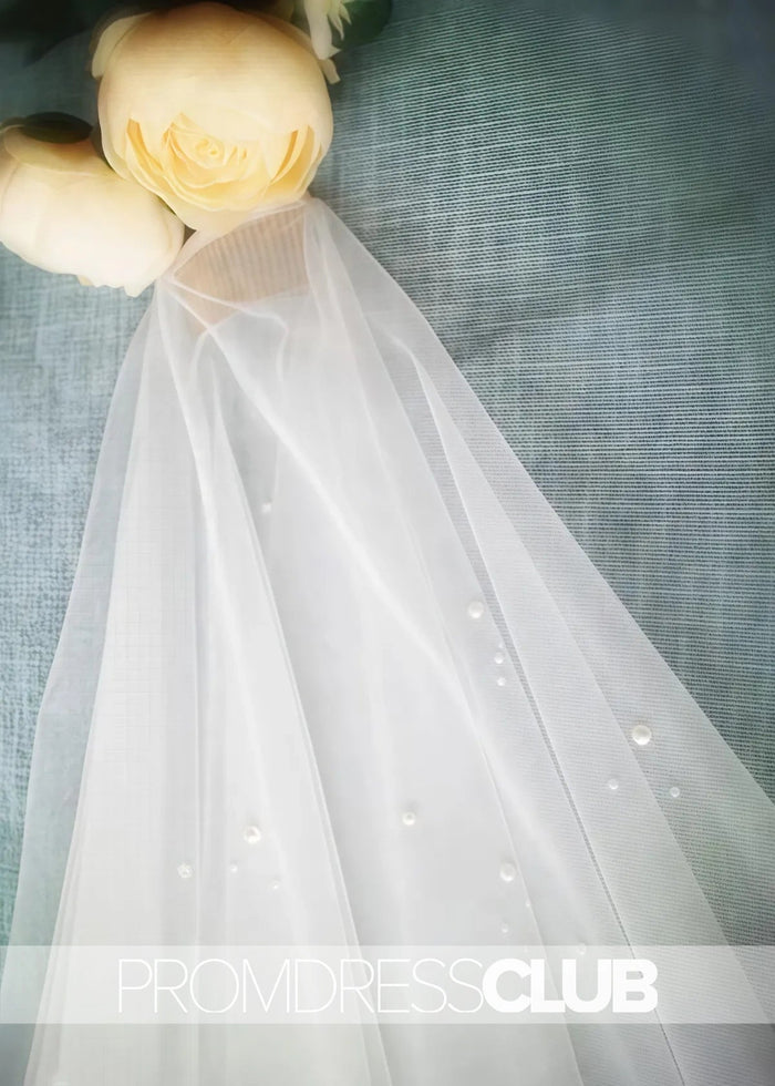 Simple Ivory Tulle Wedding Veil With Waist Length Pearls - Price #price_variant_lowest# - Ivory - PromDressClub