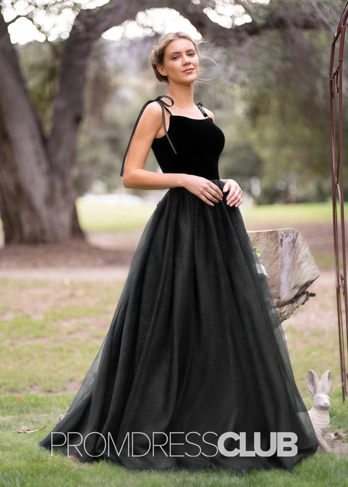 Sophia |Navy Blue Long Prom Dresses With A Line Spagatti Straps Velvet Tulle Floor Length - Price #price_variant_lowest# - Black - PromDressClub