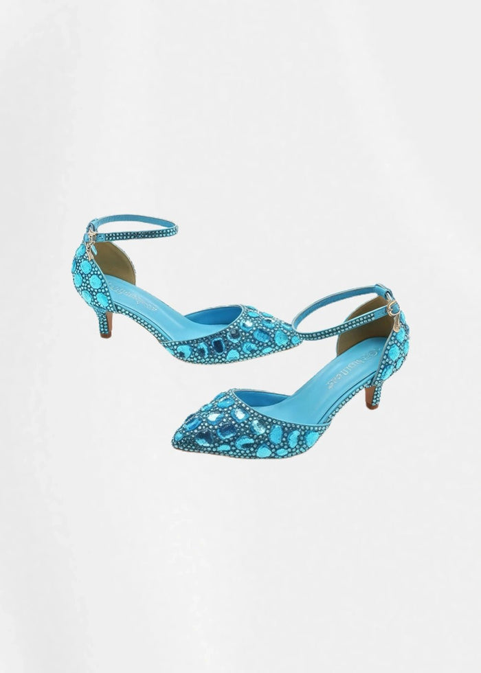 Sparkling Embellished Crystal Diamond Pointed Toe Gold Kitten Heels - Prefect for Occasions - Aqua - PromDressClub