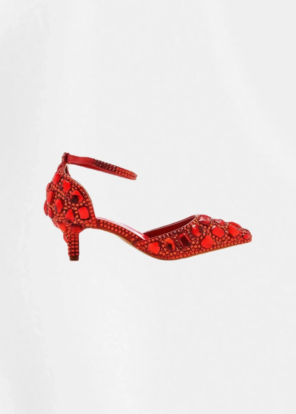 Sparkling Embellished Crystal Diamond Pointed Toe Gold Kitten Heels - Prefect for Occasions - Red - PromDressClub