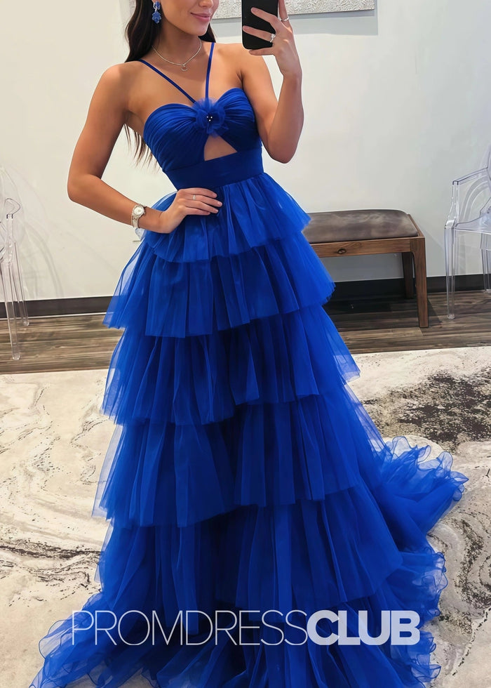 Spring |Blue Tulle Print Long Prom Dresses With A Line Halter Keyhole Ruffle Tiered - Price #price_variant_lowest# - Royal Blue - PromDressClub