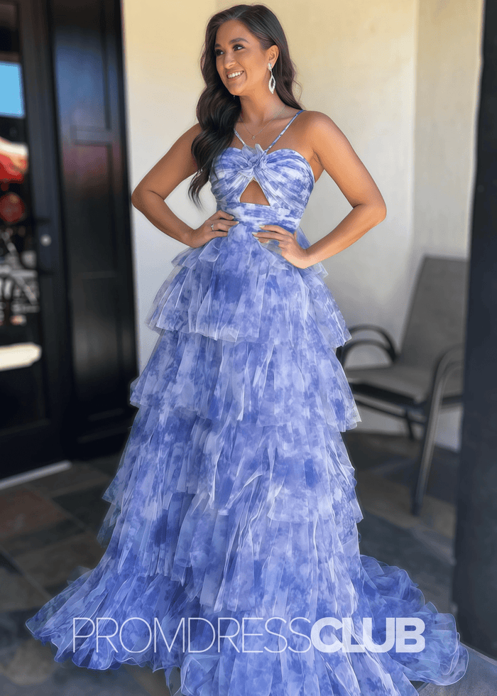 Spring |Blue Tulle Print Long Prom Dresses With A Line Halter Keyhole Ruffle Tiered - Price #price_variant_lowest# - Blue - PromDressClub