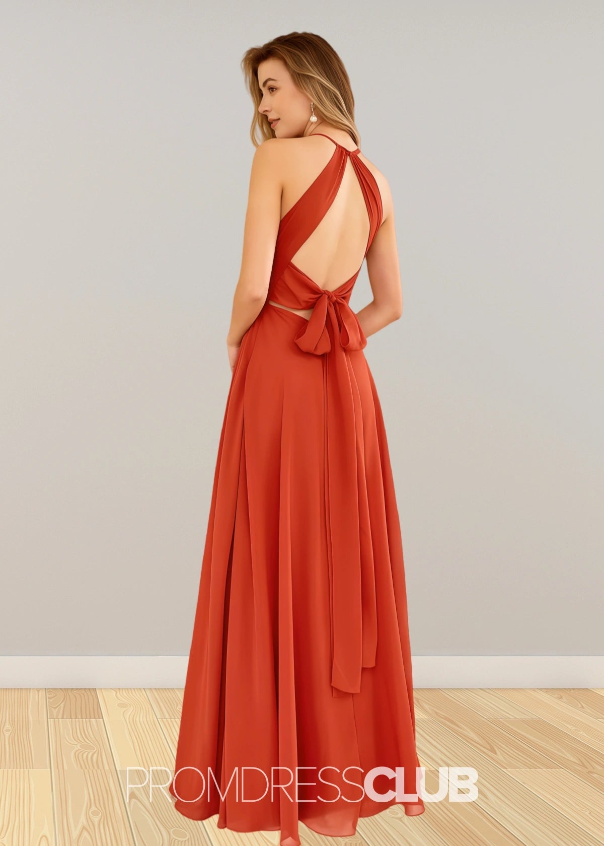 Stacey | Rust Brown A Line Chiffon Maxi Bridesmaid Dress with Slit - Price #price_variant_lowest# - Rust - PromDressClub