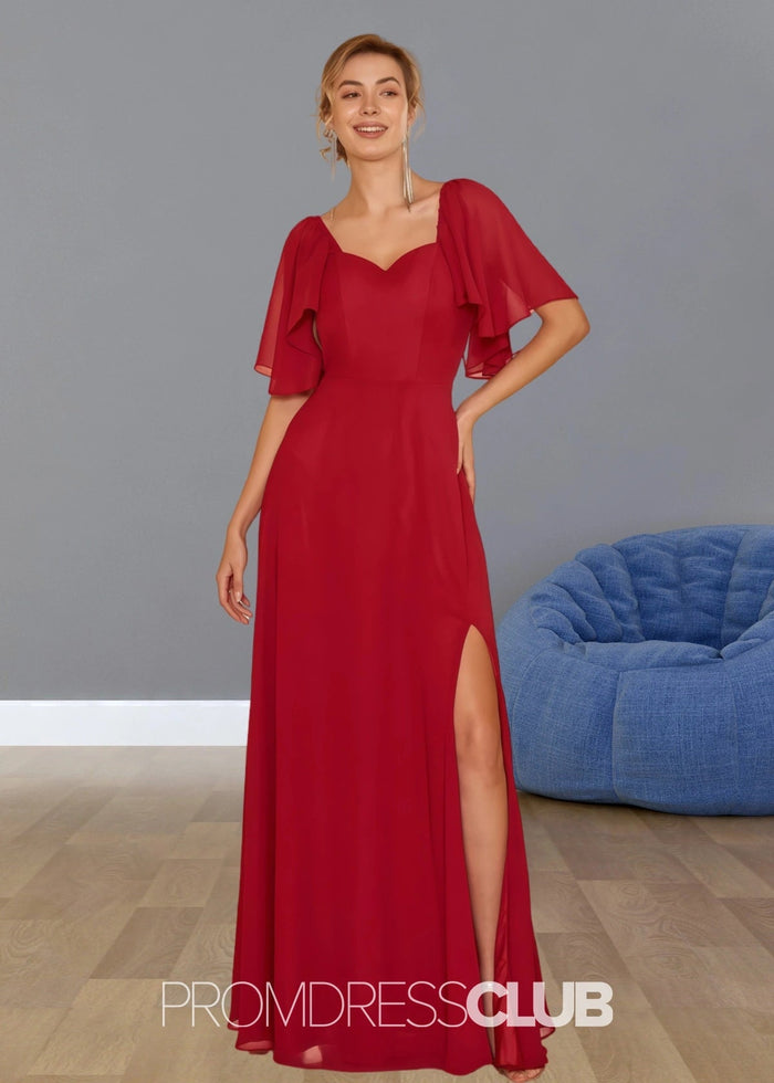Stephanie | Boho A Line Ruffles Short Sleeve Burgundy Chiffon Long Bridesmaid Dress with Slit - Price #price_variant_lowest# - Burgundy - PromDressClub
