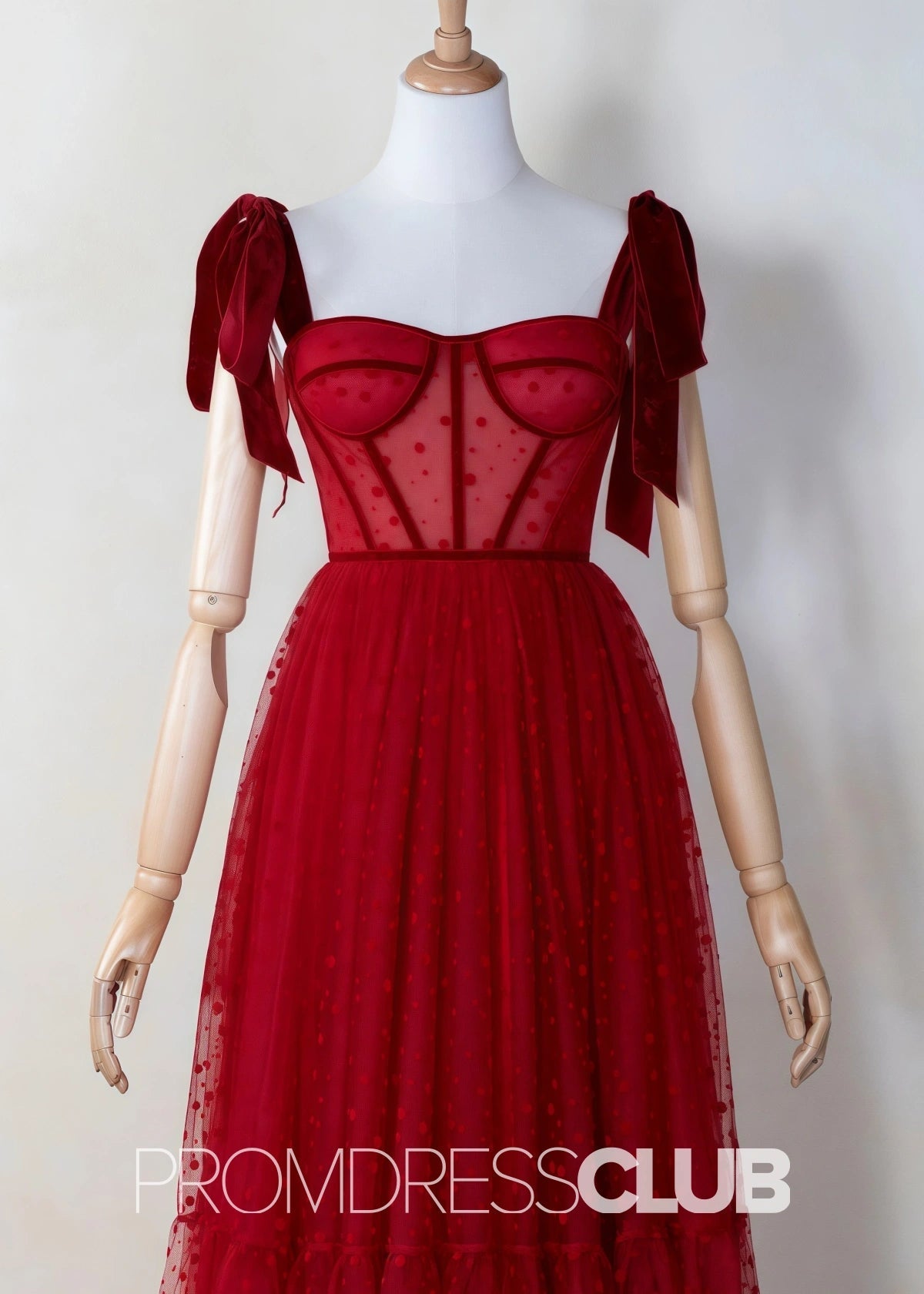 Stephanie |Red Long Prom Dresses With A Line Square Neckline Corset Dotted Tulle - Price #price_variant_lowest# - Red - PromDressClub