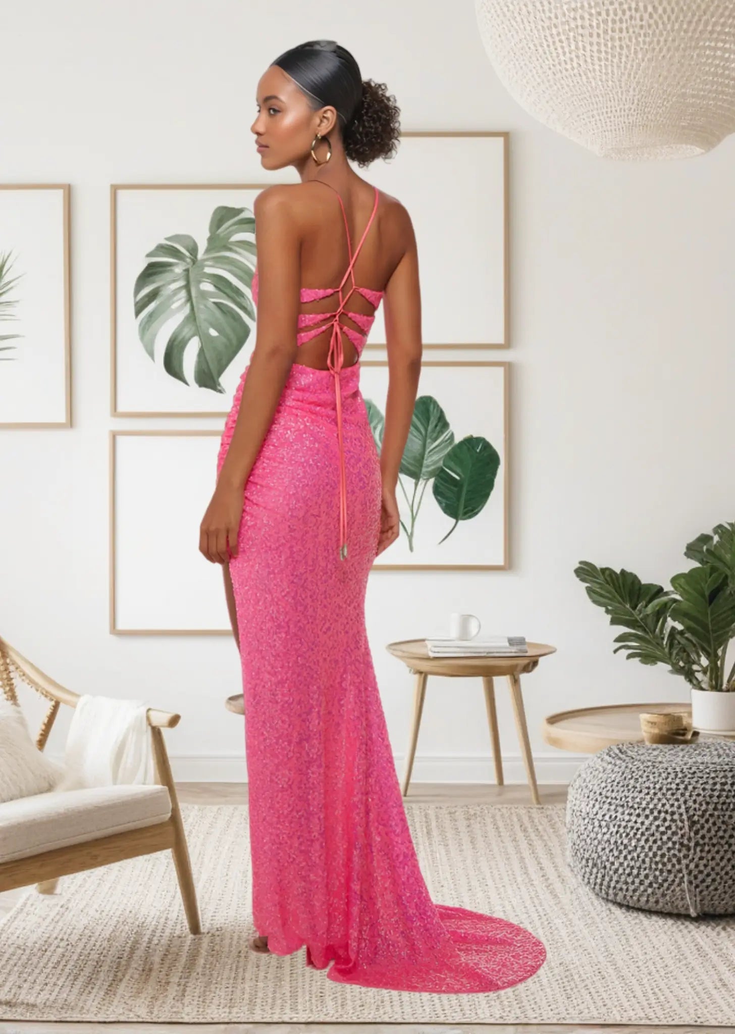 Jocelyn | Hot Pink Mermaid Square Neck Prom Dress with Train and Slit - Hot Pink - PromDressClub