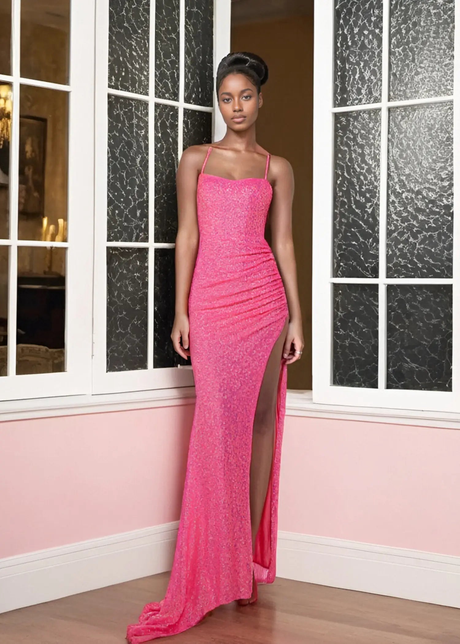 Jocelyn | Hot Pink Mermaid Square Neck Prom Dress with Train and Slit - Hot Pink - PromDressClub