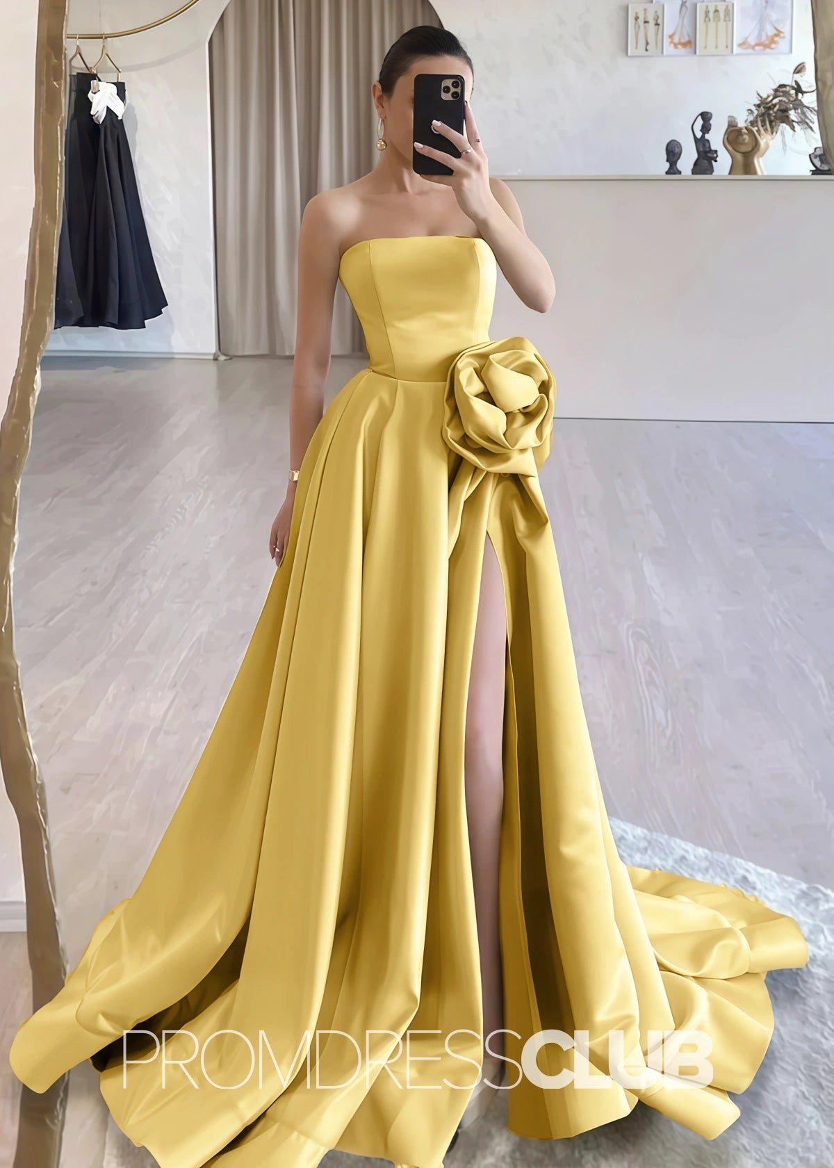 Harriet | Strapless Long Black Prom Dress - Yellow - PromDressClub