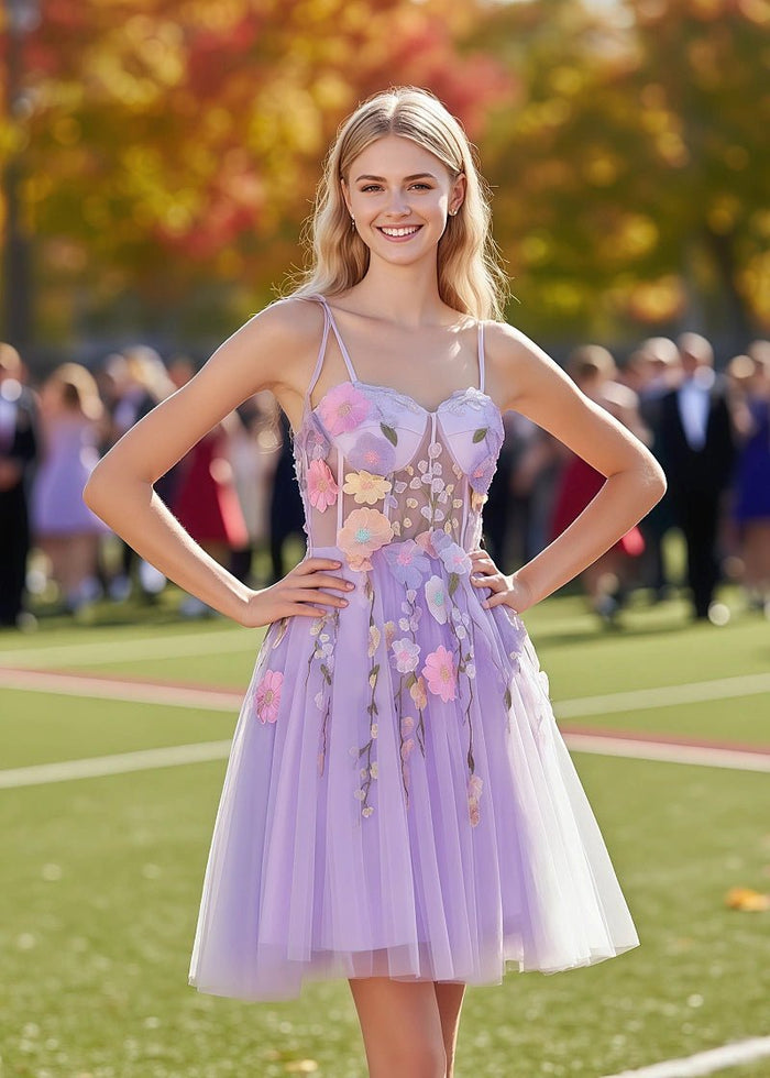 Stunning Grace Lavender Homecoming Dress with Flowers For Magical Dance Moments - Lavender Floral - PromDressClub