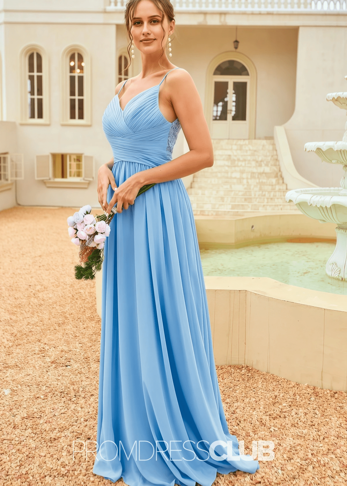 Susan | Lace Ruffle Blue Chiffon Maxi Bridesmaid Dress - Price #price_variant_lowest# - Blue - PromDressClub