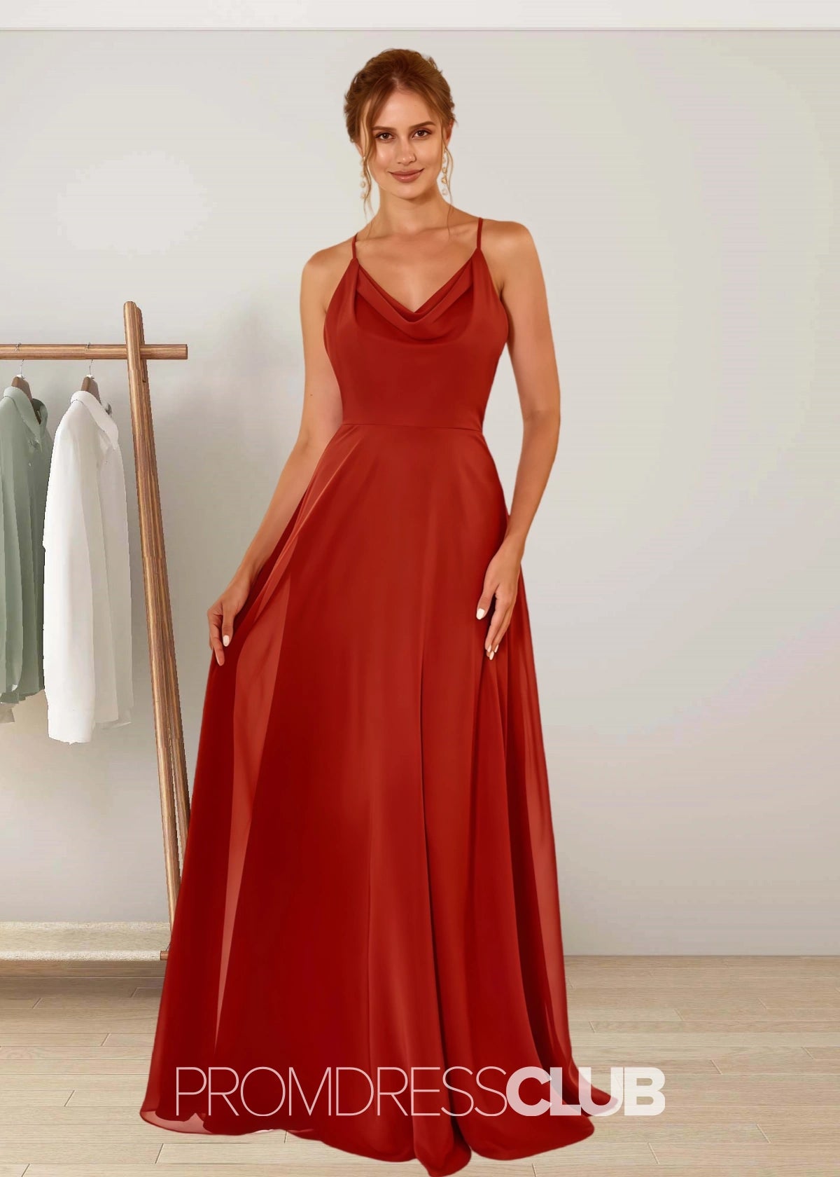 Susanna | A Line Spaghetti Straps Rust Brown Chiffon Long Bridesmaid Dress - Price #price_variant_lowest# - Rust - PromDressClub