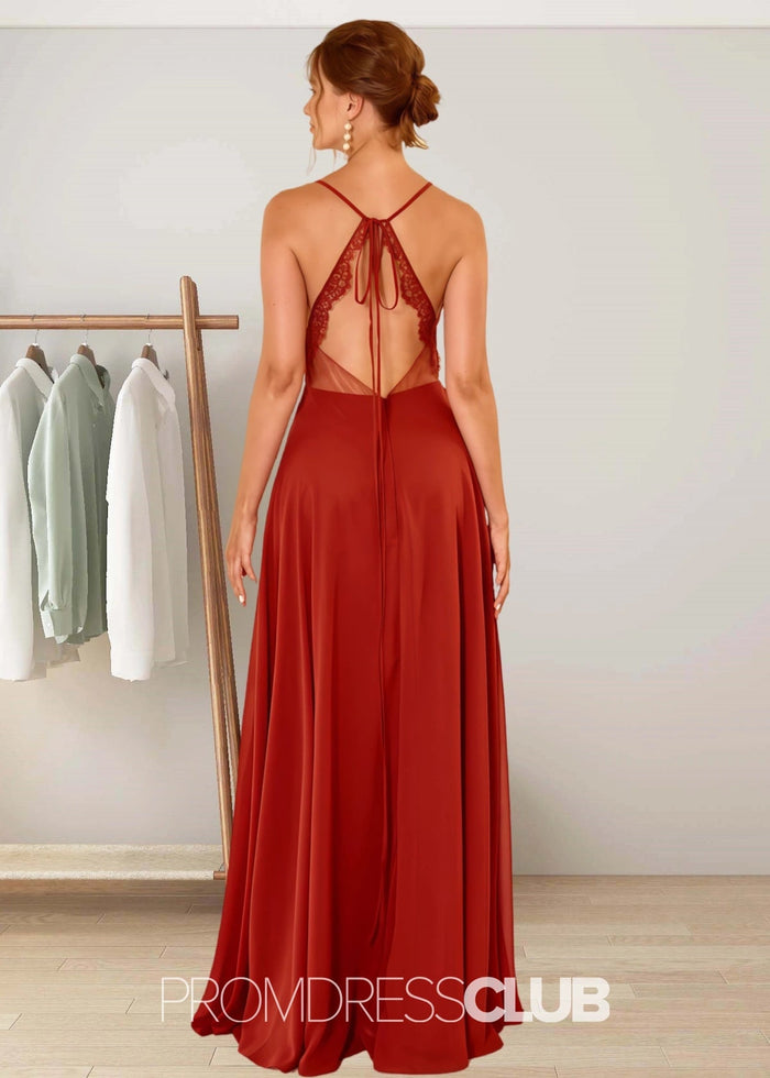 Susanna | A Line Spaghetti Straps Rust Brown Chiffon Long Bridesmaid Dress - Price #price_variant_lowest# - Rust - PromDressClub