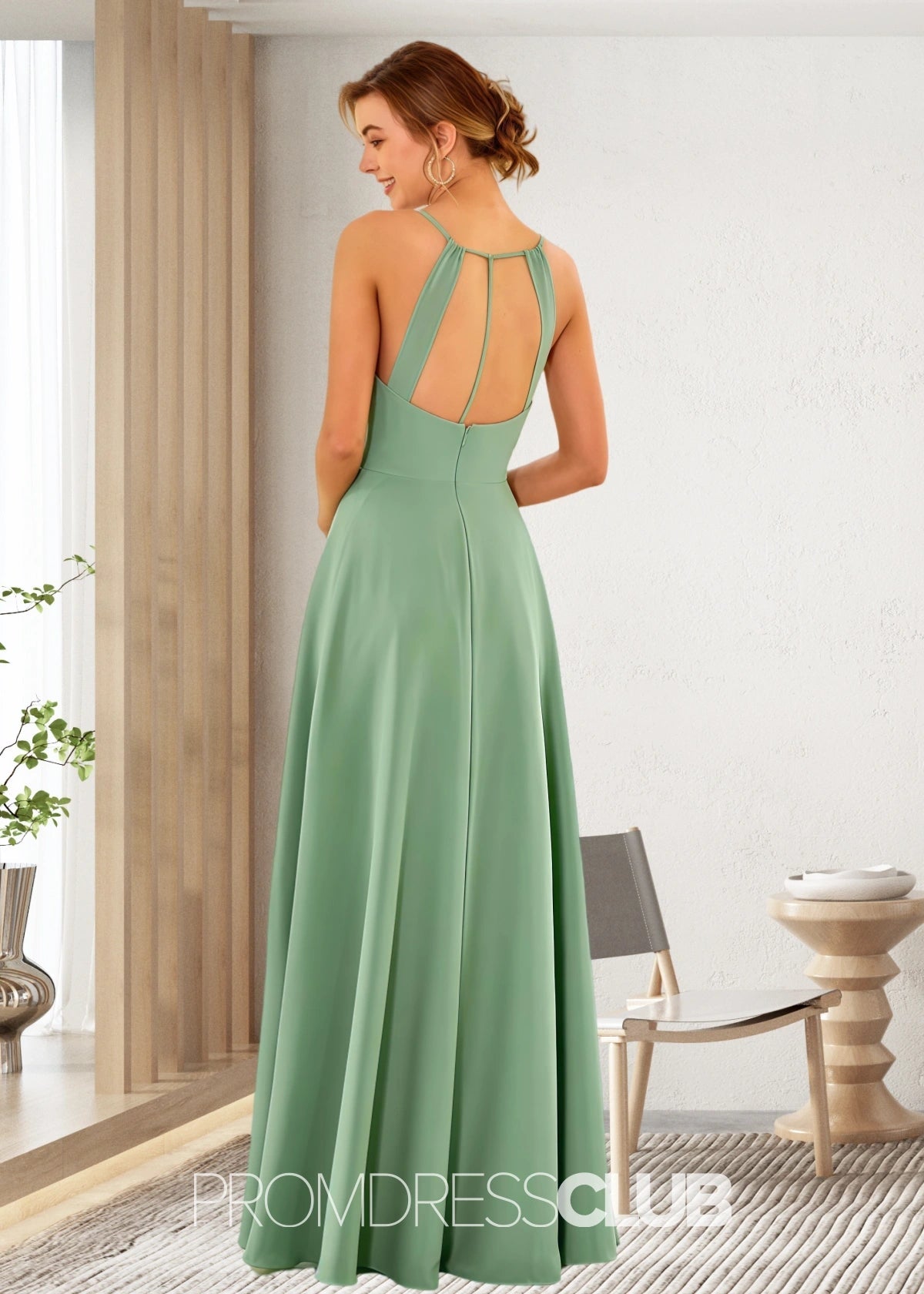 Susie | A Line High Slit Sage Green Chiffon Long Bridesmaid Dress - Price #price_variant_lowest# - Sage - PromDressClub