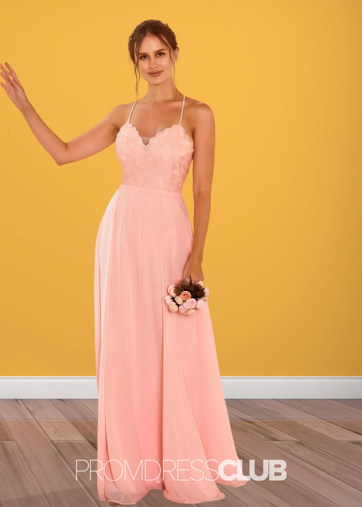 Sylvia | Lace Embroider Blush Chiffon Long Bridesmaid Dress - Price #price_variant_lowest# - Blush - PromDressClub