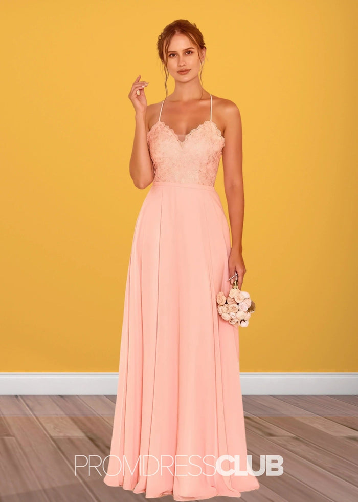 Sylvia | Lace Embroider Blush Chiffon Long Bridesmaid Dress - Price #price_variant_lowest# - Blush - PromDressClub