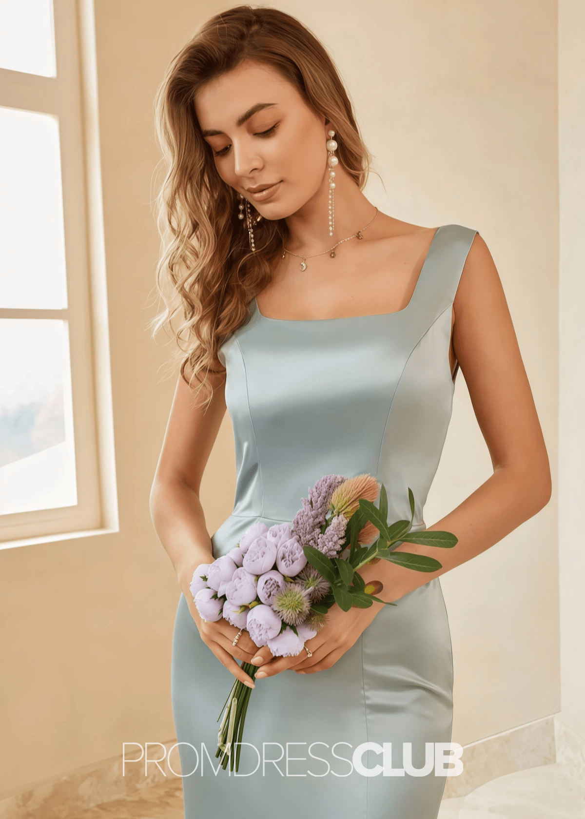 Tammy | Mermaid Straps Bows Sage Green Satin Long Bridesmaid Dress with Slit - Price #price_variant_lowest# - Sage - PromDressClub