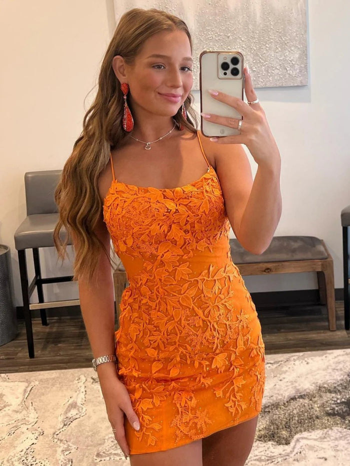 Tammy |Sheath Spaghetti Straps Lace Short Sky Blue Homecoming Dress With Criss Cross Lace - up Back - Orange - PromDressClub