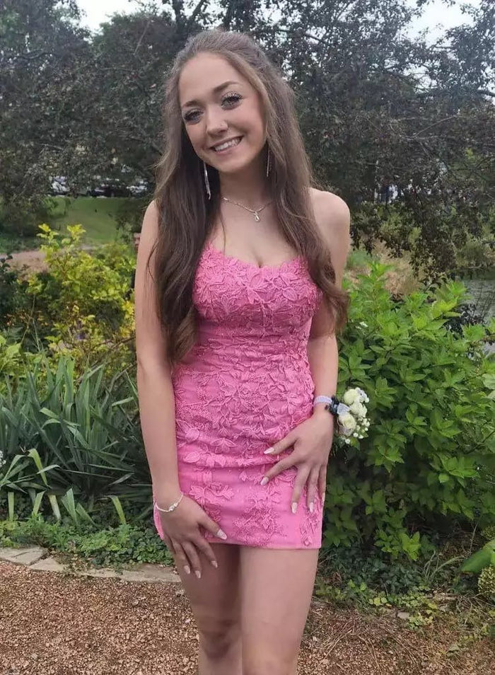 Tammy |Sheath Spaghetti Straps Lace Short Sky Blue Homecoming Dress With Criss Cross Lace - up Back - Pink - PromDressClub