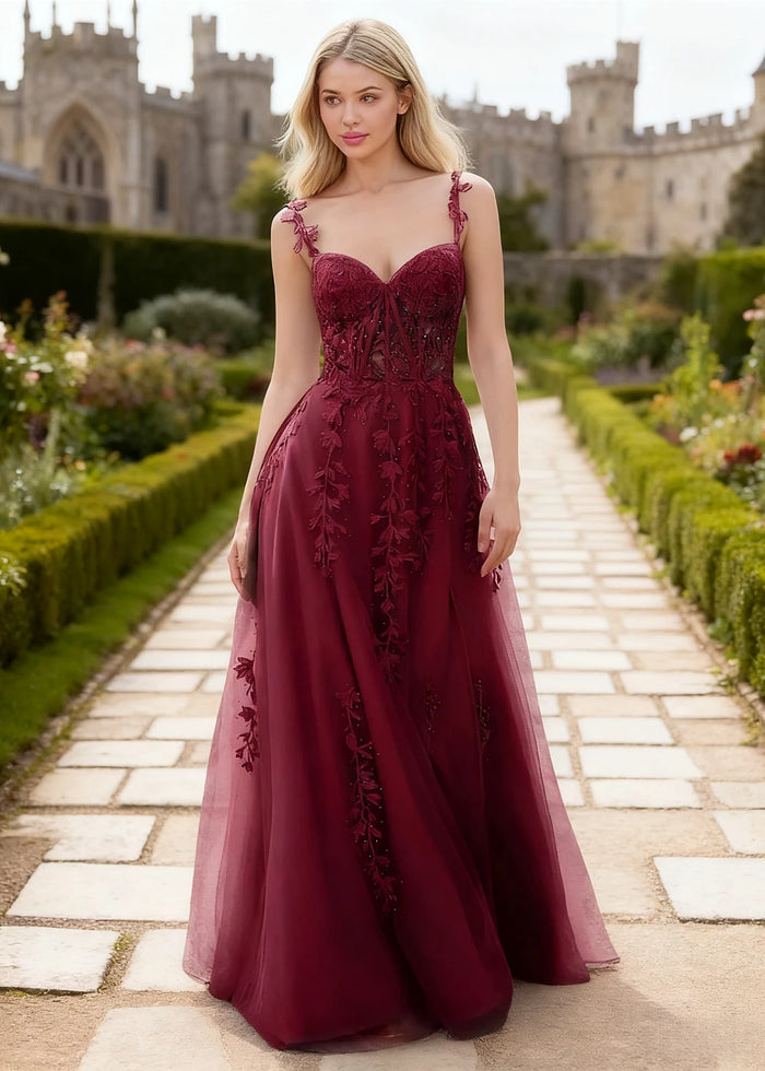 Tansy Burgundy Lace Beaded Prom Dress | A - Line Sweetheart Neckline Corset Tulle Slit Gown - Burgundy - PromDressClub