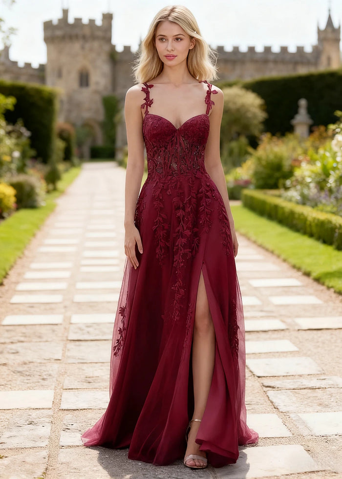 Tansy Burgundy Lace Beaded Prom Dress | A - Line Sweetheart Neckline Corset Tulle Slit Gown - Burgundy - PromDressClub