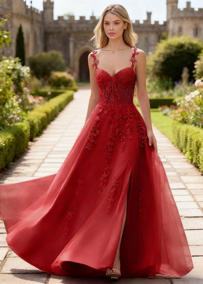 Tansy Red Lace Beaded Prom Dress | A - Line Sweetheart Neckline Corset Tulle Slit Gown - Red - PromDressClub