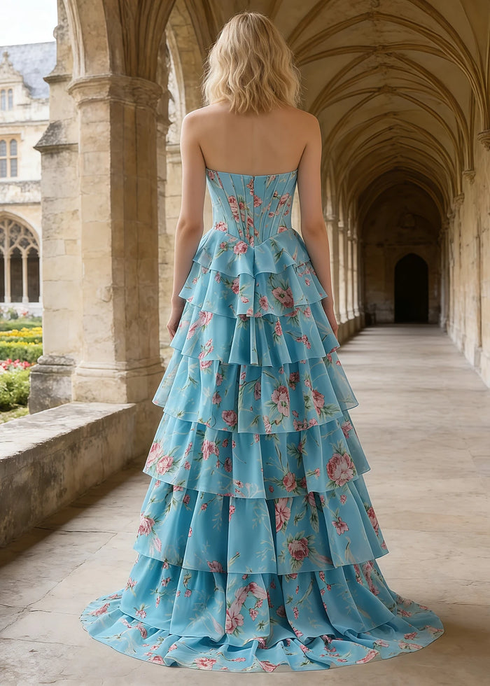 Tara Strapless Blue and Pink Floral Prom Dress | A - Line Corset Tiered Ruffle Formal Dress with Slit - Blue and Pink Floral - PromDressClub