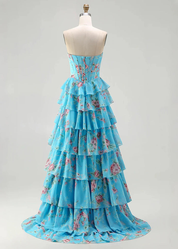Tara Strapless Blue and Pink Floral Prom Dress | A - Line Corset Tiered Ruffle Formal Dress with Slit - Blue and Pink Floral - PromDressClub