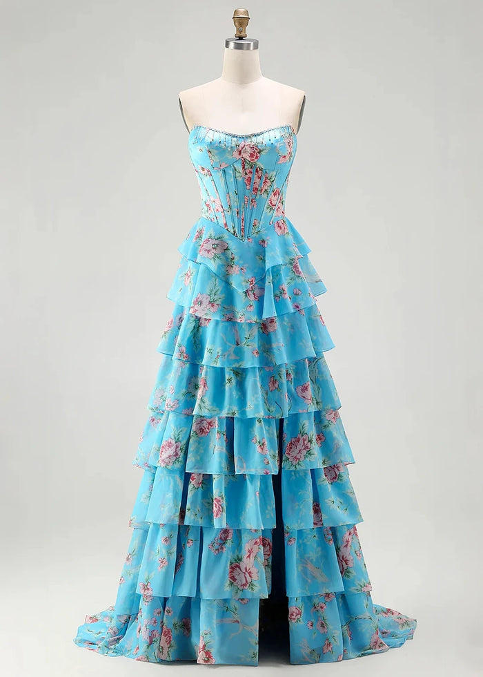 Tara Strapless Blue and Pink Floral Prom Dress | A - Line Corset Tiered Ruffle Formal Dress with Slit - Blue and Pink Floral - PromDressClub
