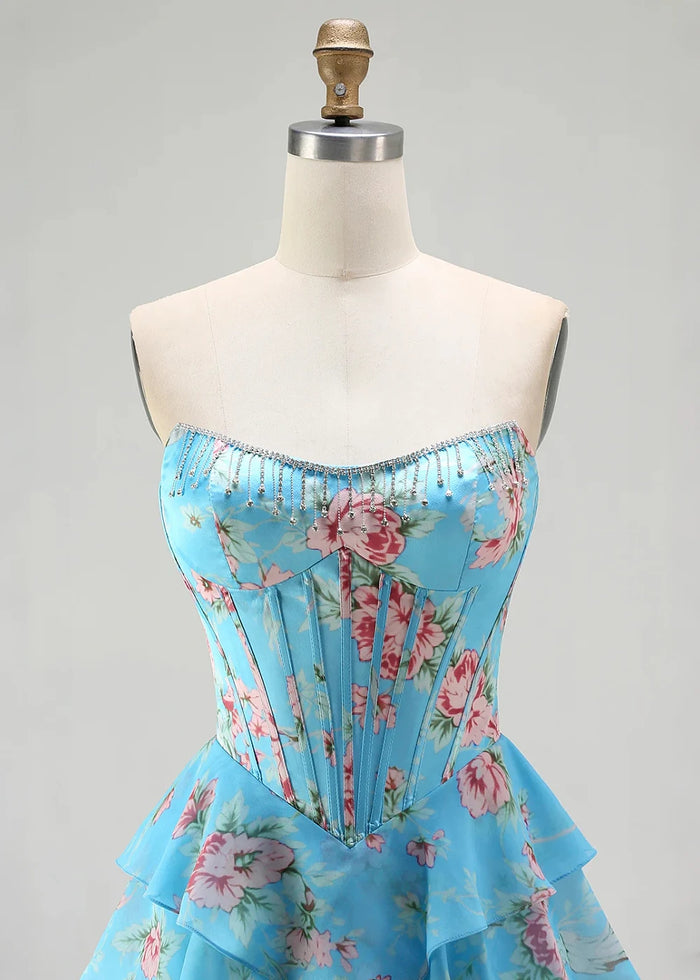 Tara Strapless Blue and Pink Floral Prom Dress | A - Line Corset Tiered Ruffle Formal Dress with Slit - Blue and Pink Floral - PromDressClub