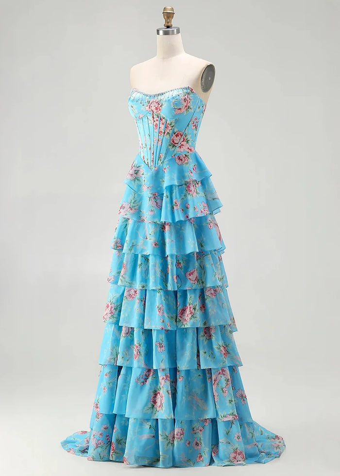 Tara Strapless Blue and Pink Floral Prom Dress | A - Line Corset Tiered Ruffle Formal Dress with Slit - Blue and Pink Floral - PromDressClub