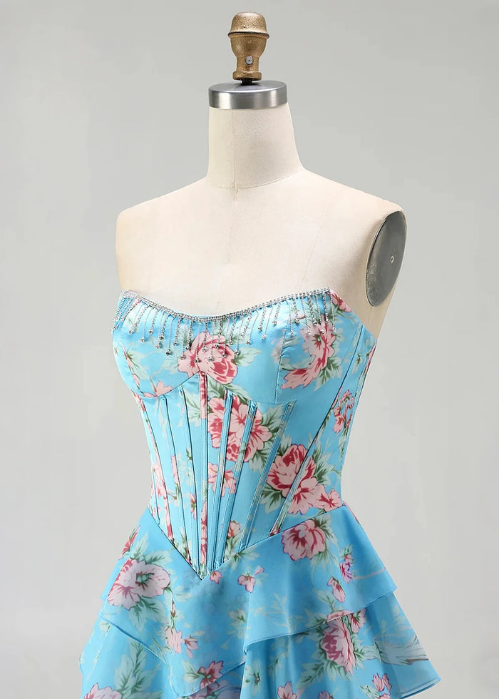 Tara Strapless Blue and Pink Floral Prom Dress | A - Line Corset Tiered Ruffle Formal Dress with Slit - Blue and Pink Floral - PromDressClub