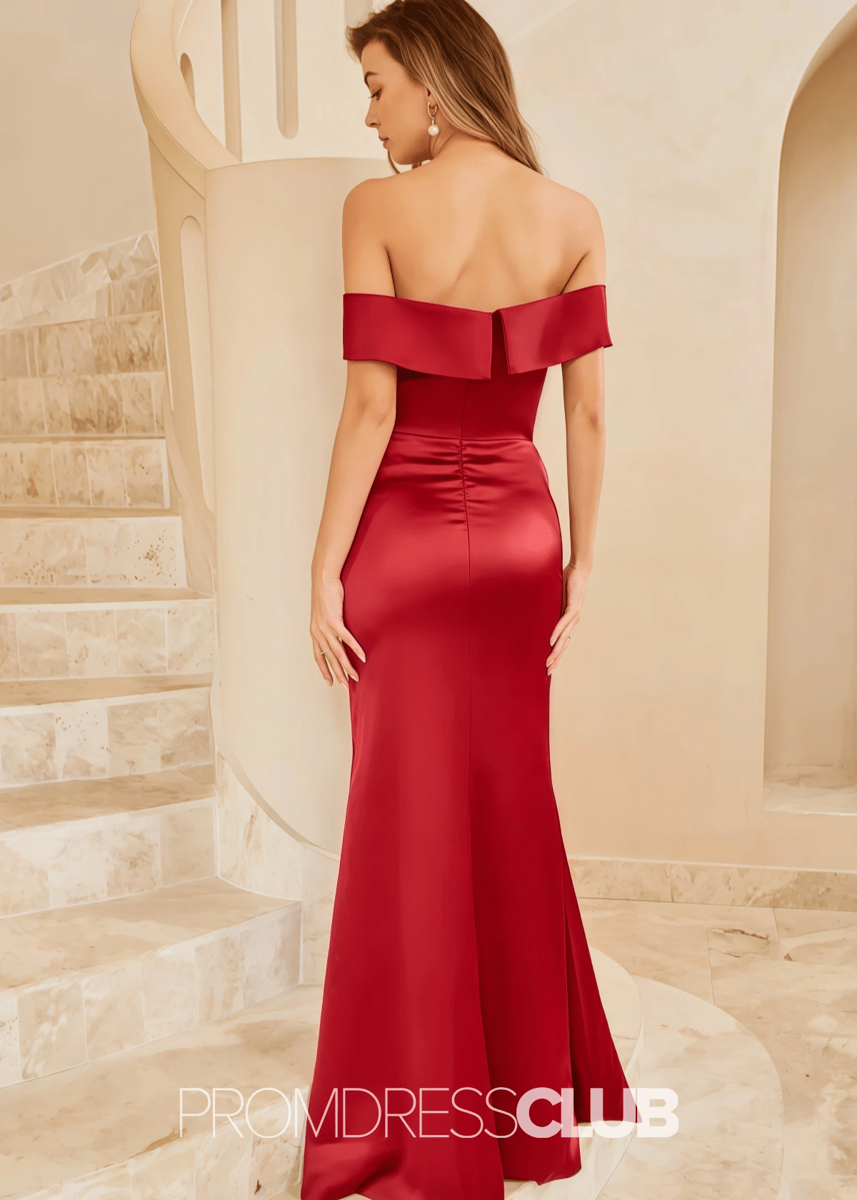 Teresa | Mermaid Burgundy Satin Long Bridesmaid Dress with Split Front and Off the Shoulder - Price #price_variant_lowest# - Burgundy - PromDressClub