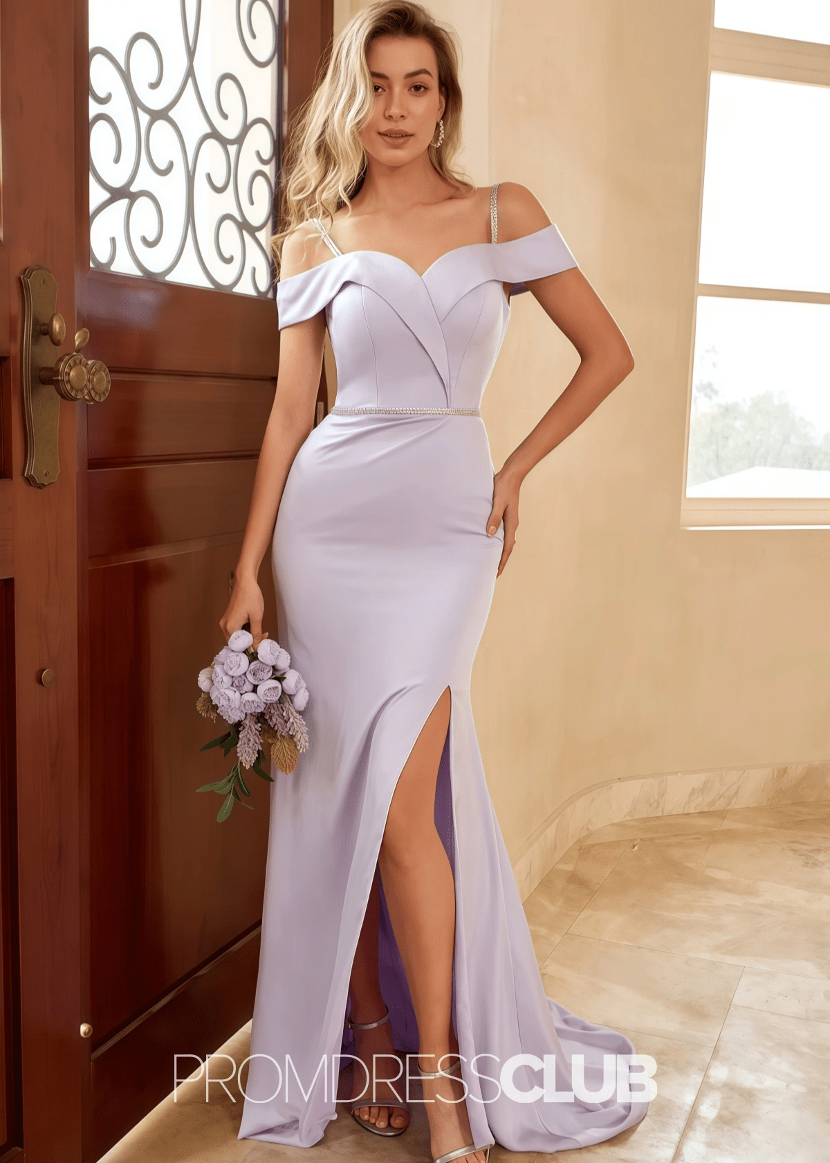 Tess | Mermaid Beading Lavender Satin Long Bridesmaid Dress with Split - Price #price_variant_lowest# - Lavender - PromDressClub