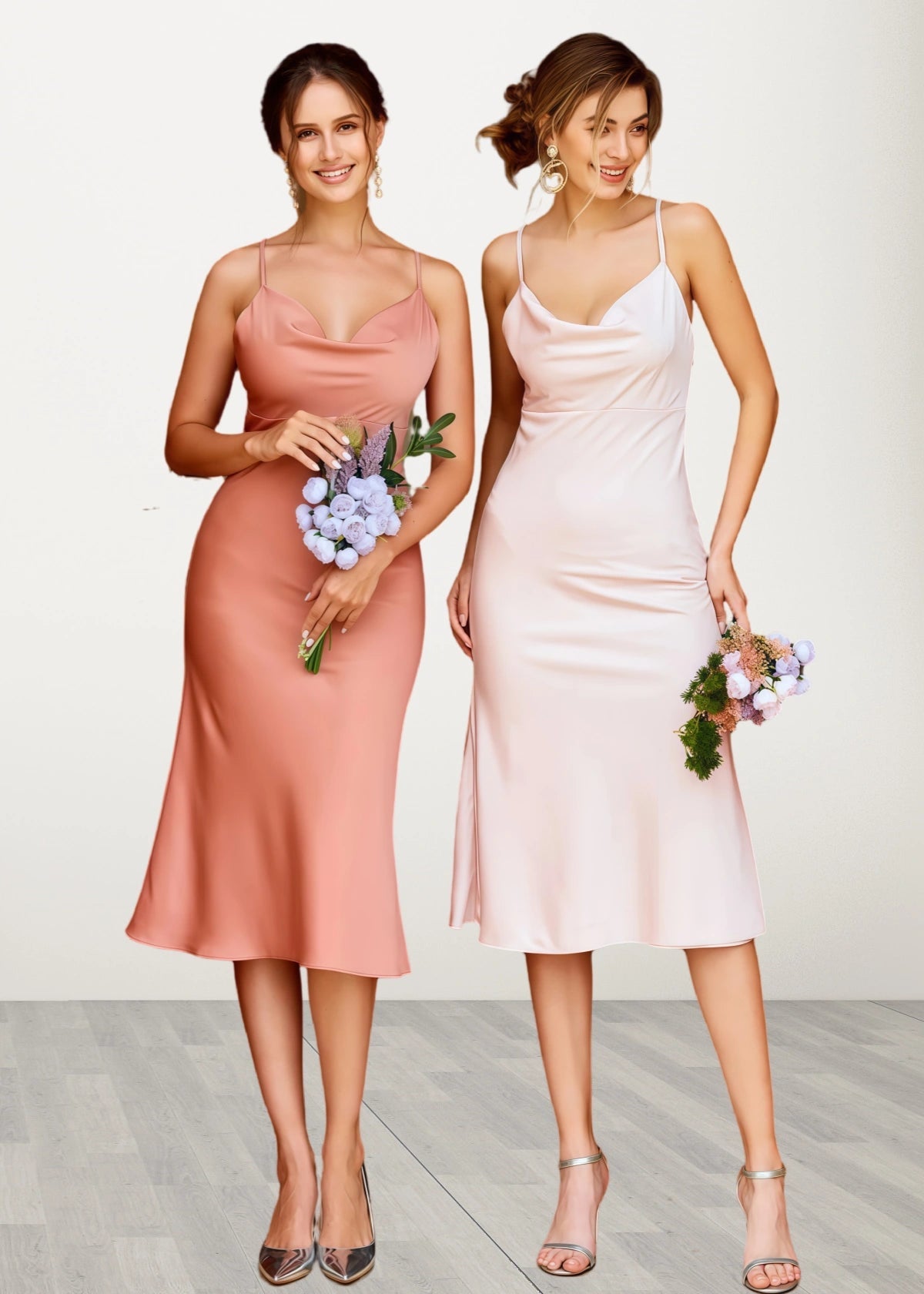 Thera | Sheath Column Slip Rose Satin Midi Bridesmaid Dress with Spaghetti Straps - Price #price_variant_lowest# - Light Pink - PromDressClub