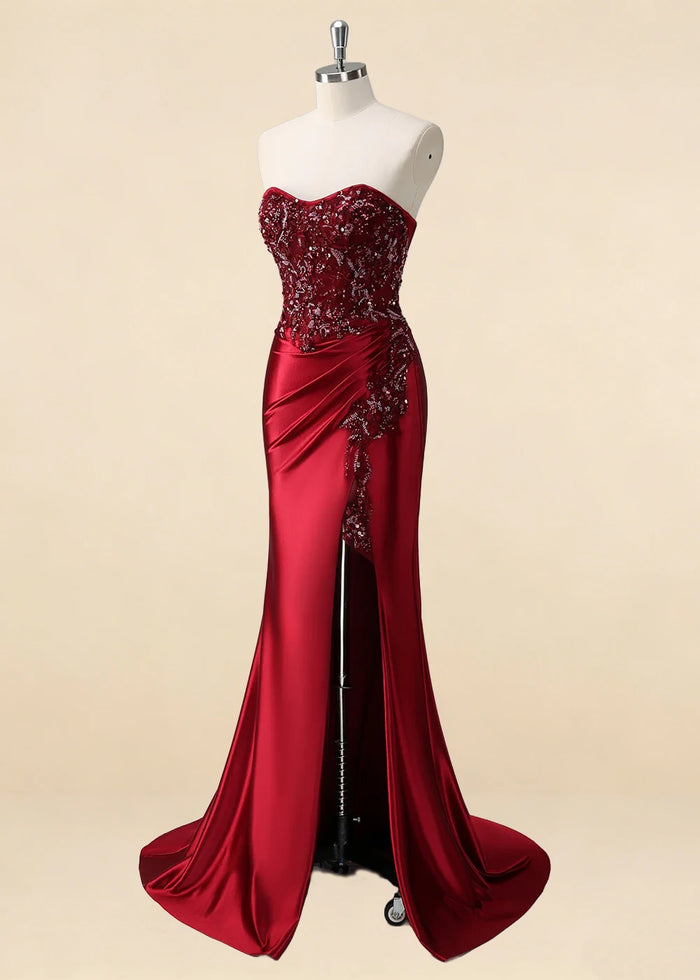 Thora Burgundy Strapless Mermaid Prom Dress | Sequin Corset Pleated Cocktail Dress with Slit - Burgundy - PromDressClub