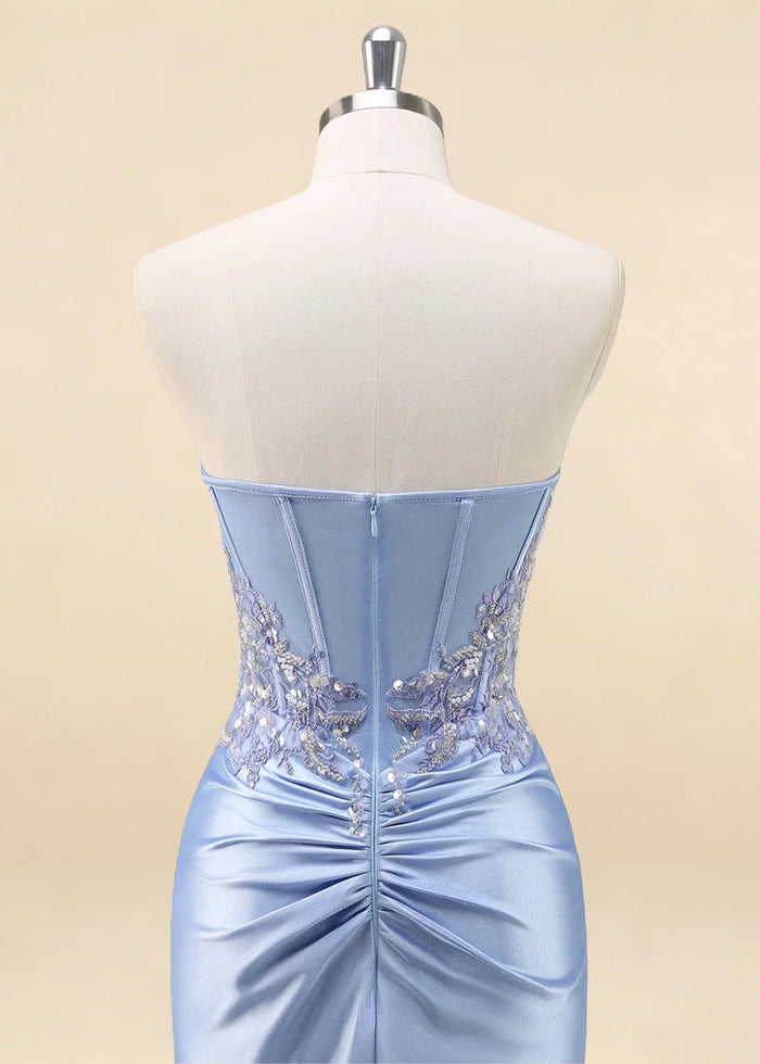 Thora Light Blue Strapless Mermaid Prom Dress | Sequin Corset Pleated Cocktail Dress with Slit - Light Blue - PromDressClub