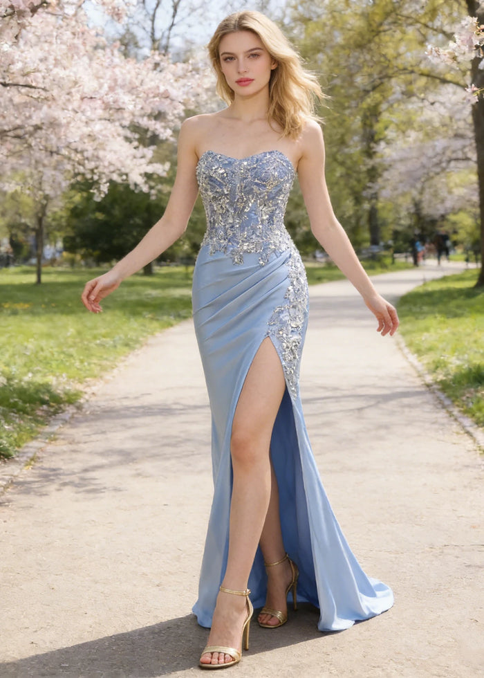 Thora Light Blue Strapless Mermaid Prom Dress | Sequin Corset Pleated Cocktail Dress with Slit - Light Blue - PromDressClub