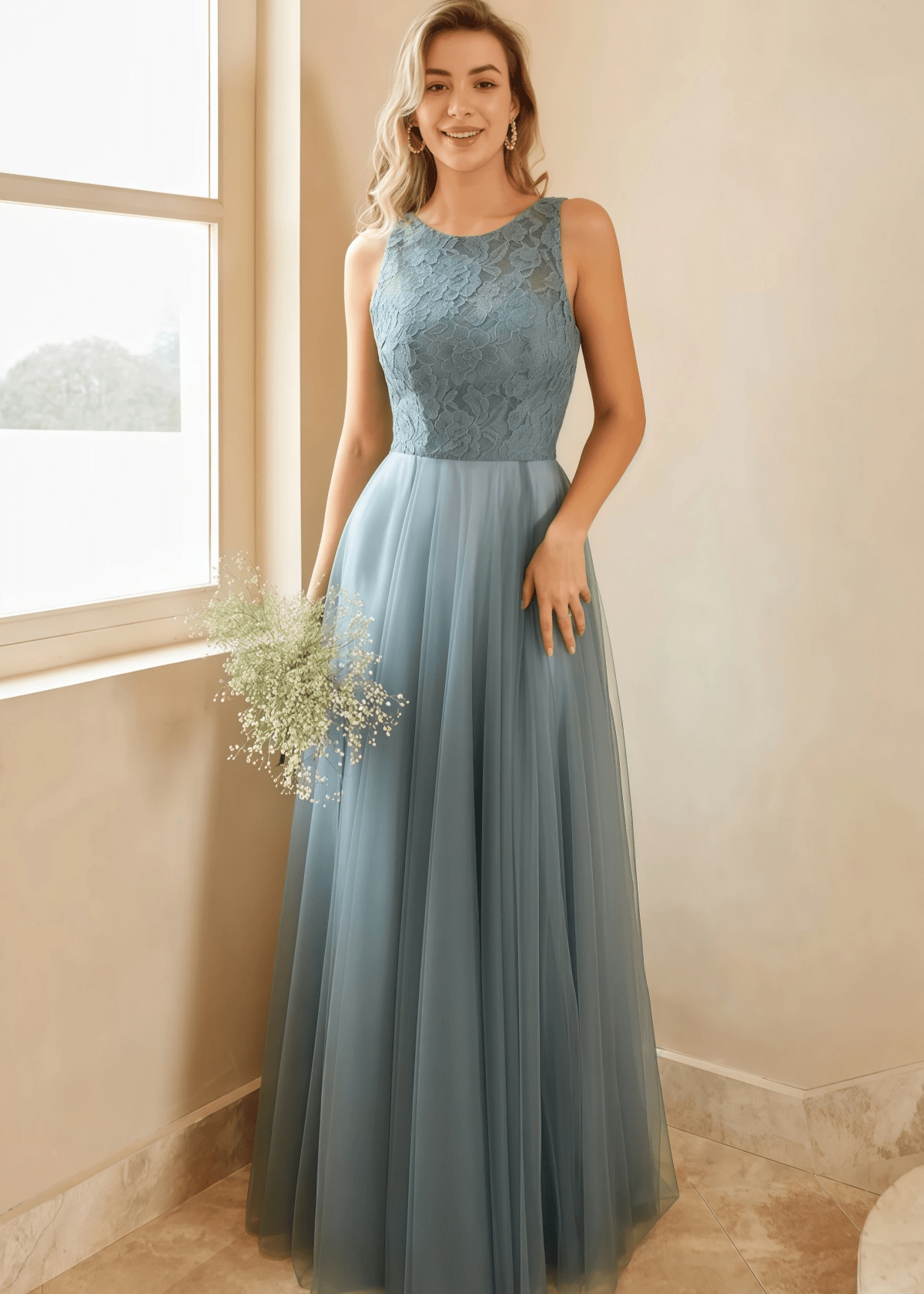 Tiffany | A Line Lace Embroider Grey Blue Tulle Maxi Bridesmaid Dress - Price #price_variant_lowest# - Grey Blue - PromDressClub