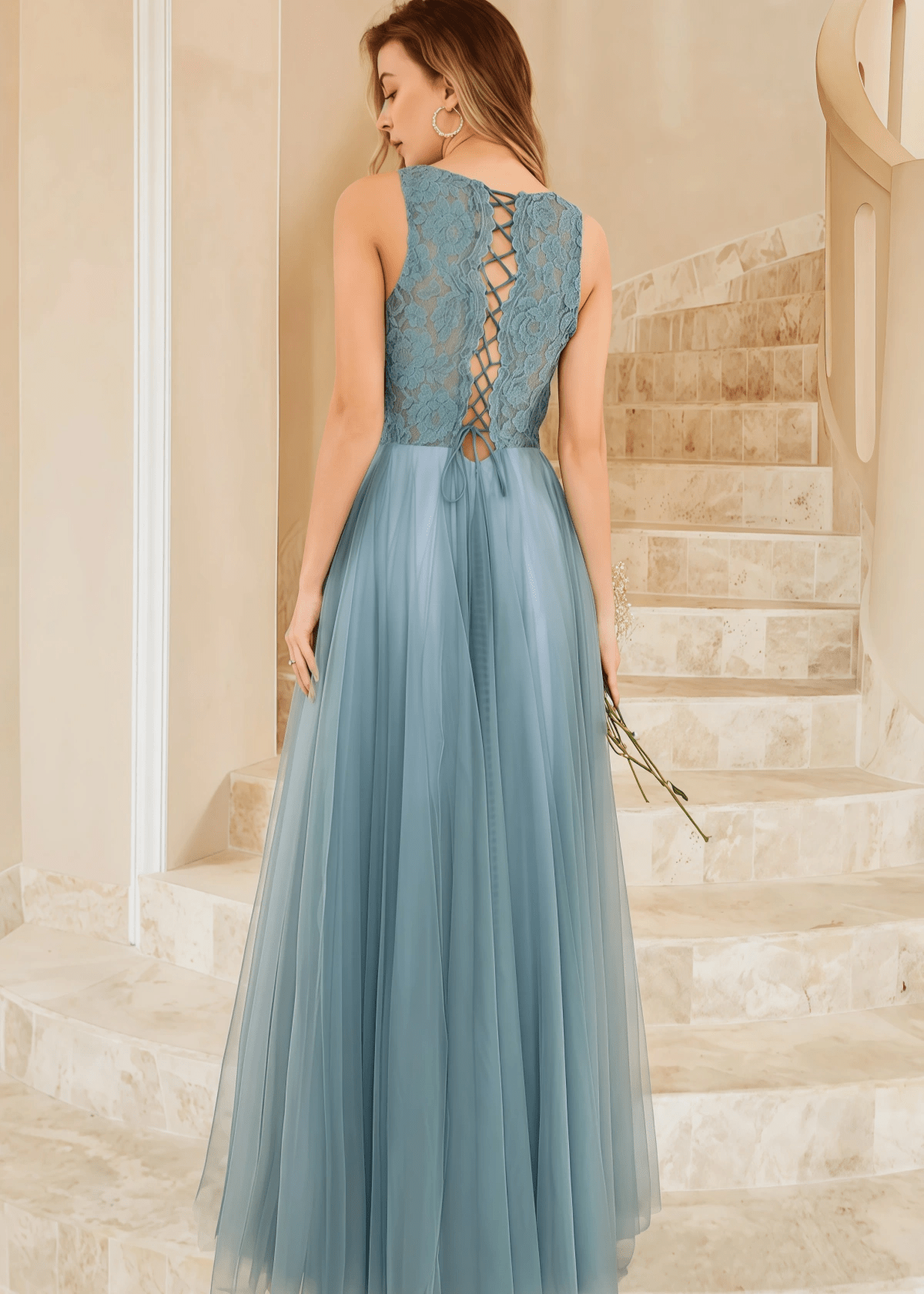 Tiffany | A Line Lace Embroider Grey Blue Tulle Maxi Bridesmaid Dress - Price #price_variant_lowest# - Grey Blue - PromDressClub