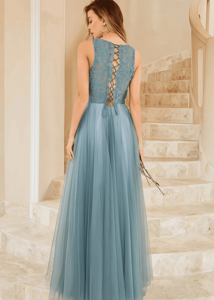 Tiffany | A Line Lace Embroider Grey Blue Tulle Maxi Bridesmaid Dress - Price #price_variant_lowest# - Grey Blue - PromDressClub
