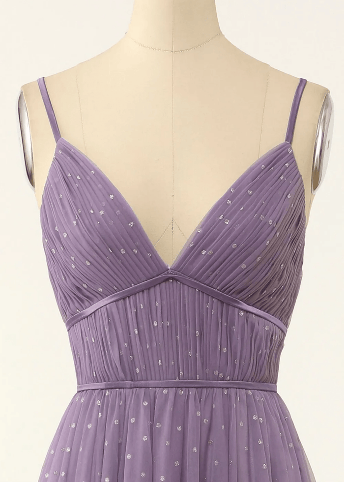 Tina | A Line Polka Dots Ruffles Pink Tulle Long Bridesmaid Dress - Price #price_variant_lowest# - Purple - PromDressClub