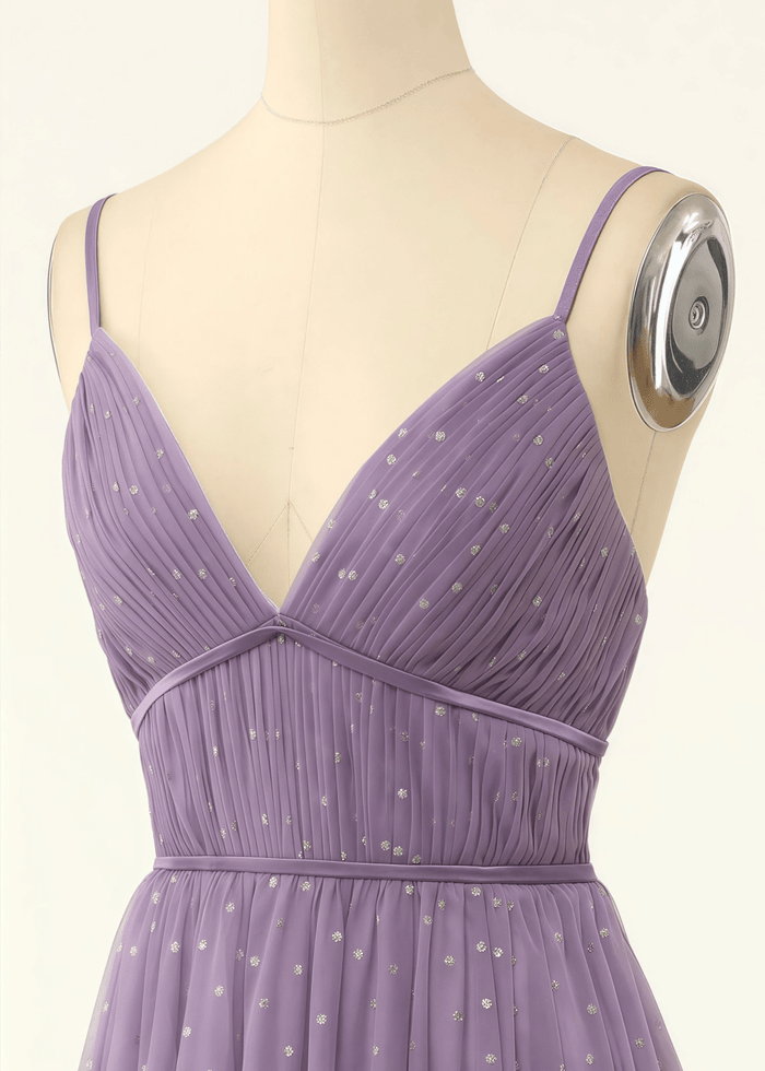 Tina | A Line Polka Dots Ruffles Pink Tulle Long Bridesmaid Dress - Price #price_variant_lowest# - Purple - PromDressClub